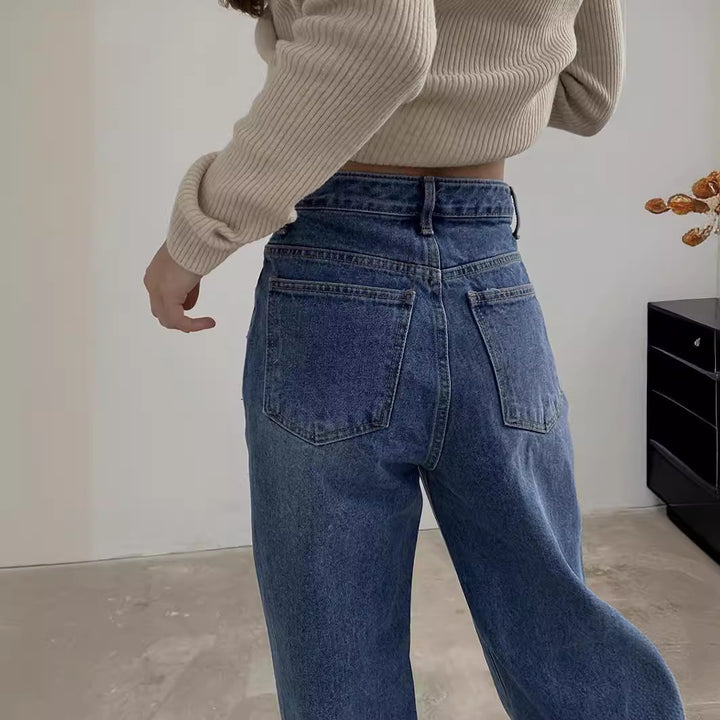Damen hochgeschnittene weite Denim-Hose mit V-förmiger Bundnaht und extra-langem Bein Nord Taschen