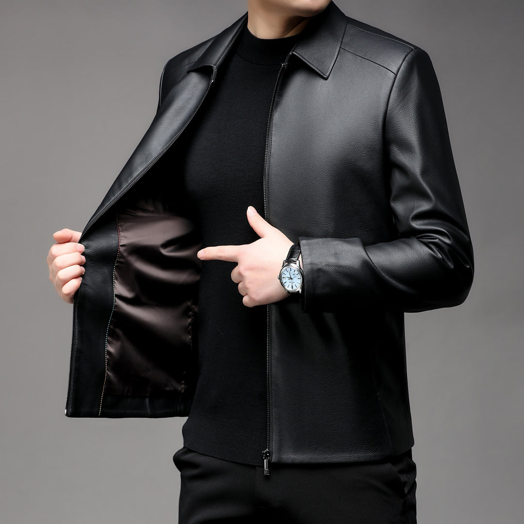 Herren Glatte Kunstleder-Zipjacke mit Hemdkragen und schlanker Silhouette Nord Taschen