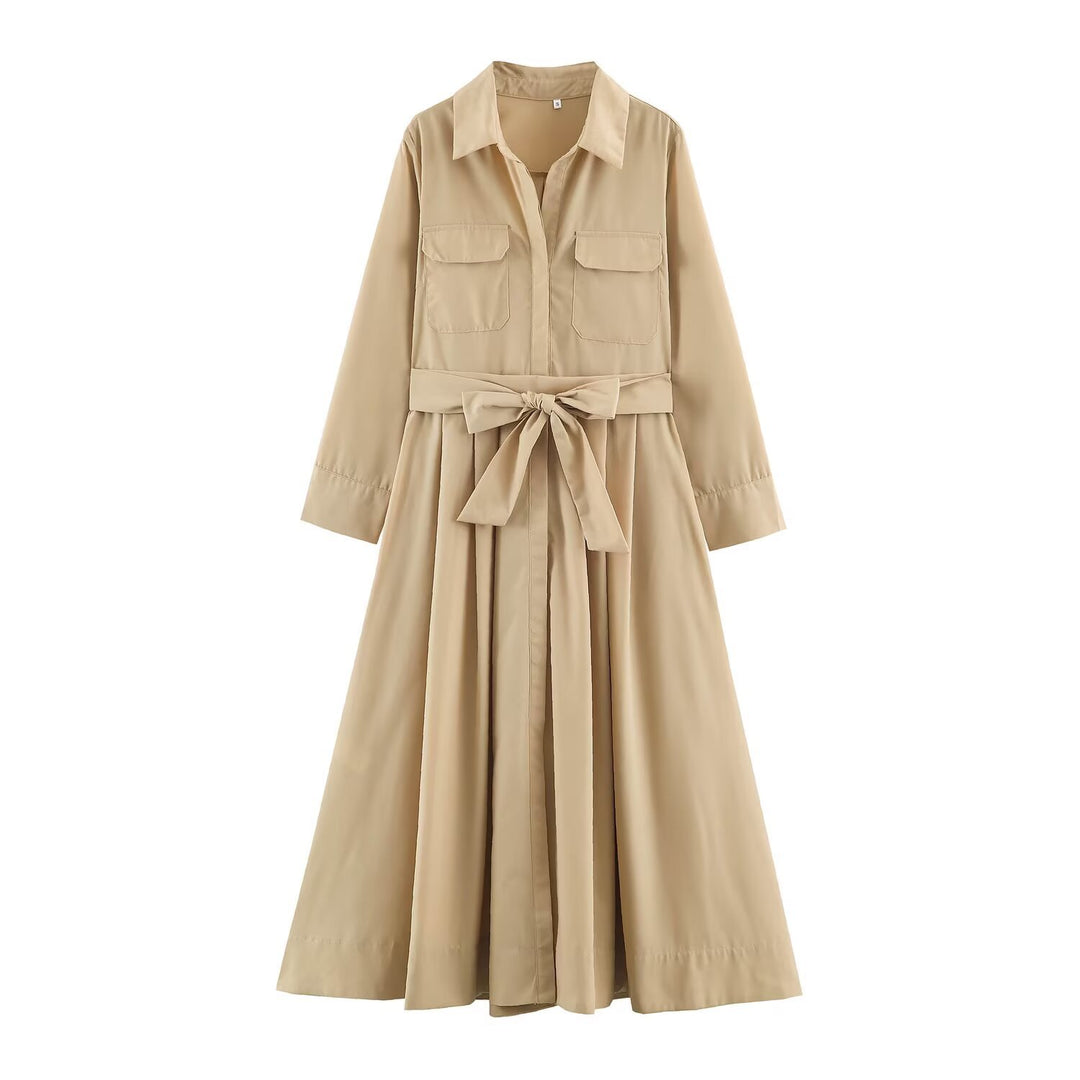 Damen Hemdblusenkleid mit Taillengürtel und A-Linien-Skirt Nord Taschen