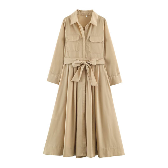 Damen Hemdblusenkleid mit Taillengürtel und A-Linien-Skirt Nord Taschen