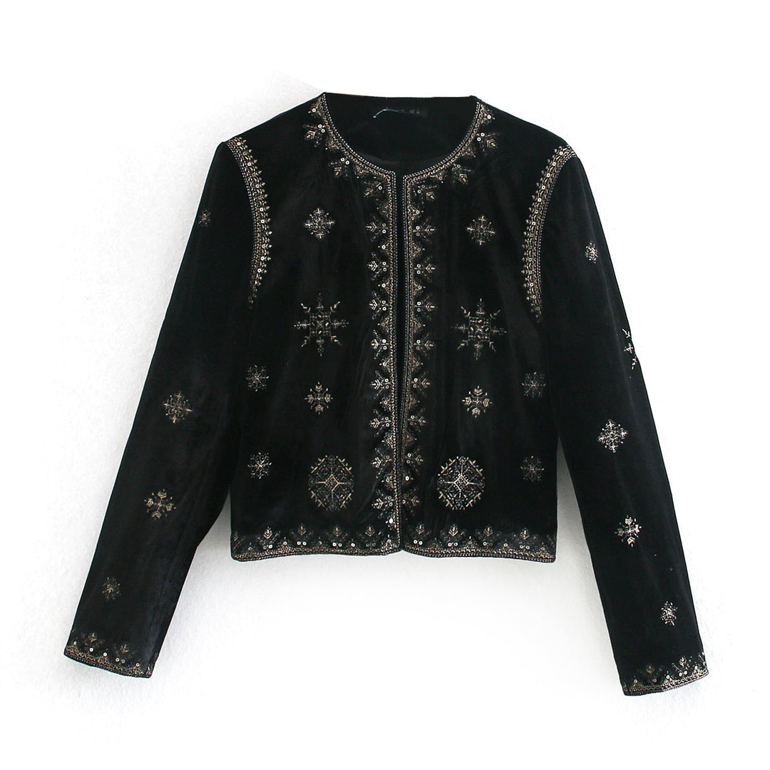 Damen Kurzsametjacke mit filigraner Metallstickerei und Perlenbesatz Nord Taschen