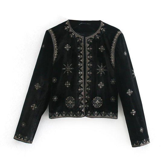 Damen Kurzsametjacke mit filigraner Metallstickerei und Perlenbesatz Nord Taschen