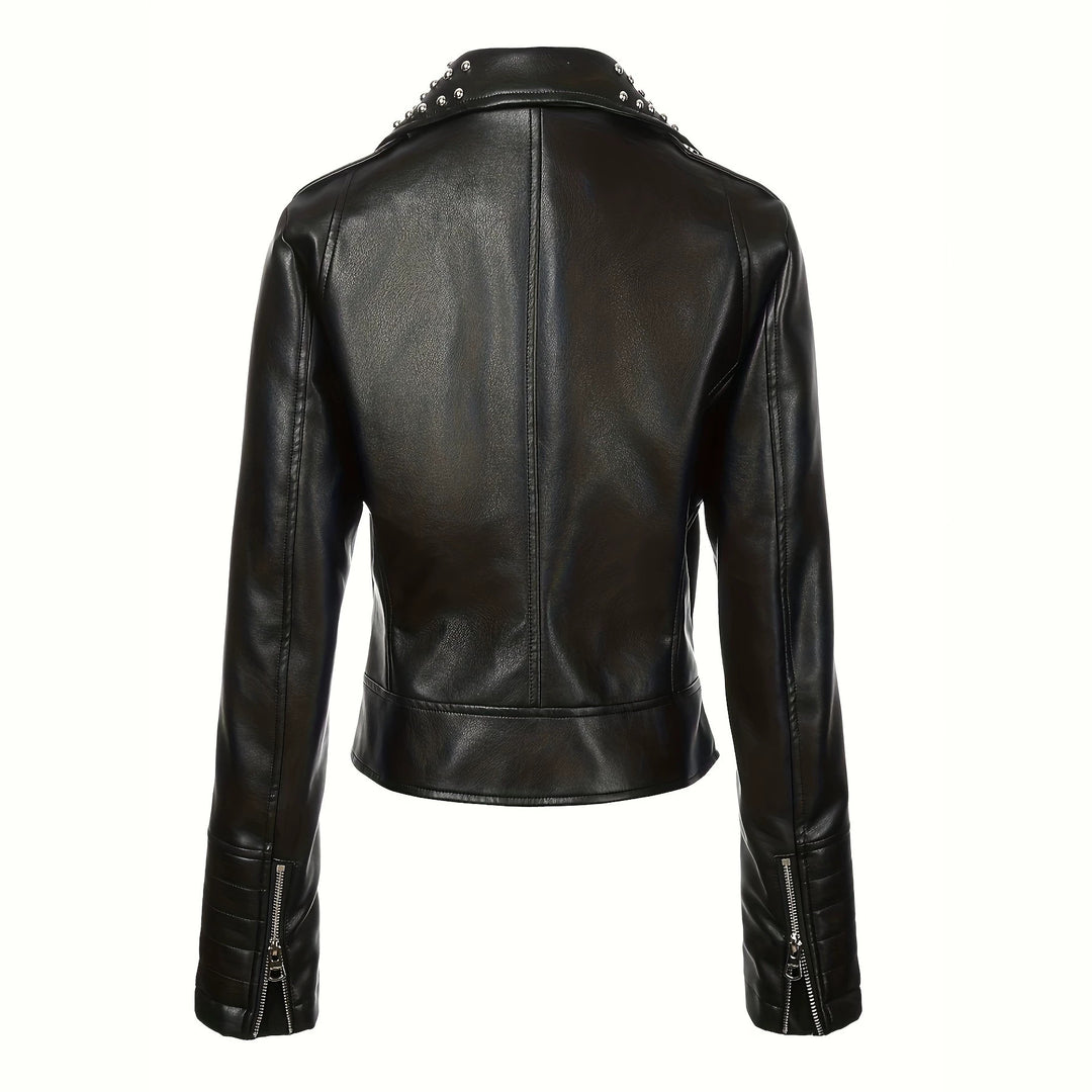 Damen Asymmetrische Bikerjacke aus Kunstleder mit genietetem Revers und gesteppter Armzone Nord Taschen