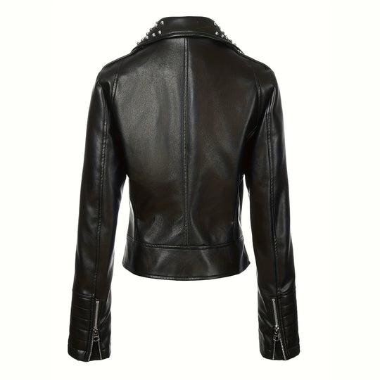 Damen Asymmetrische Bikerjacke aus Kunstleder mit genietetem Revers und gesteppter Armzone Nord Taschen