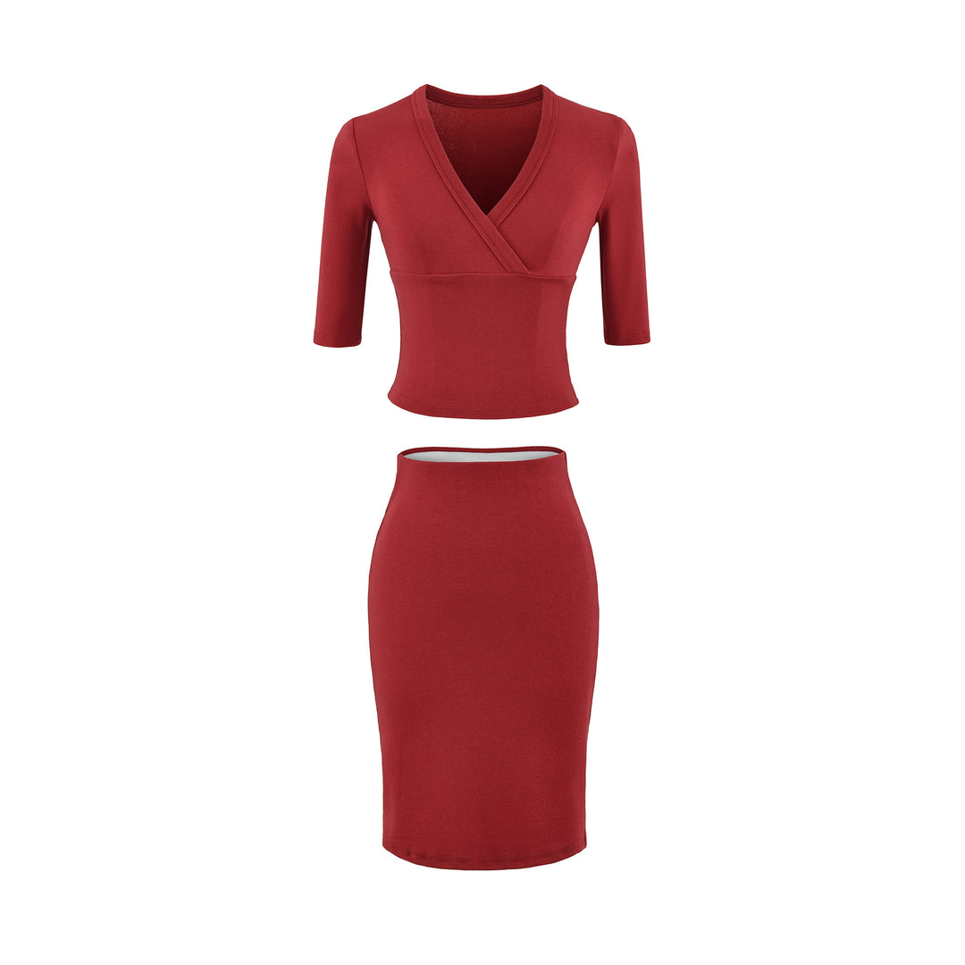 Damen Zweiteiliges figurbetontes Wickel-Top mit Dreiviertelärmeln und Highwaist-Bleistiftrock Nord Taschen