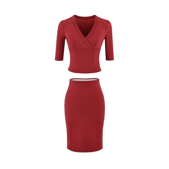Damen Zweiteiliges figurbetontes Wickel-Top mit Dreiviertelärmeln und Highwaist-Bleistiftrock Nord Taschen