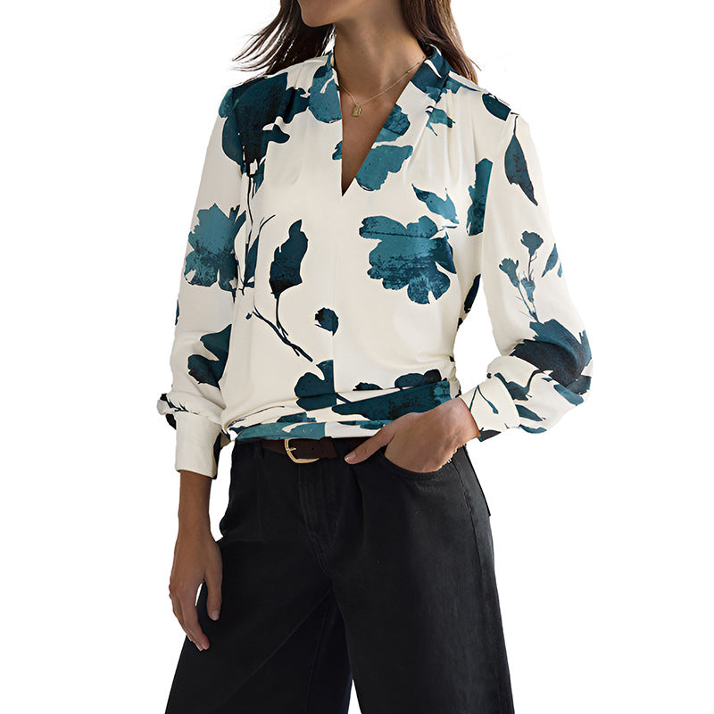 Damen Viskosebluse mit floralem Aquarellprint, V‑Ausschnitt und Manschetten Nord Taschen