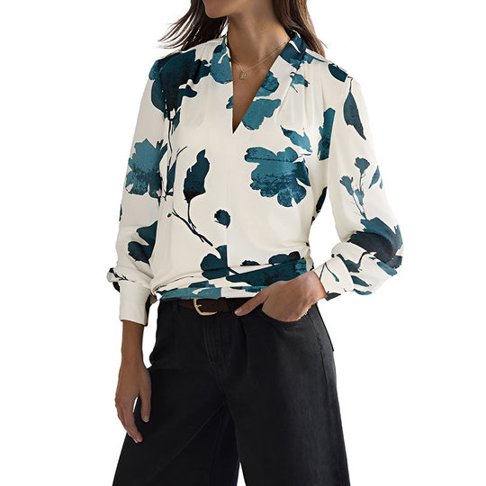 Damen Viskosebluse mit floralem Aquarellprint, V‑Ausschnitt und Manschetten Nord Taschen