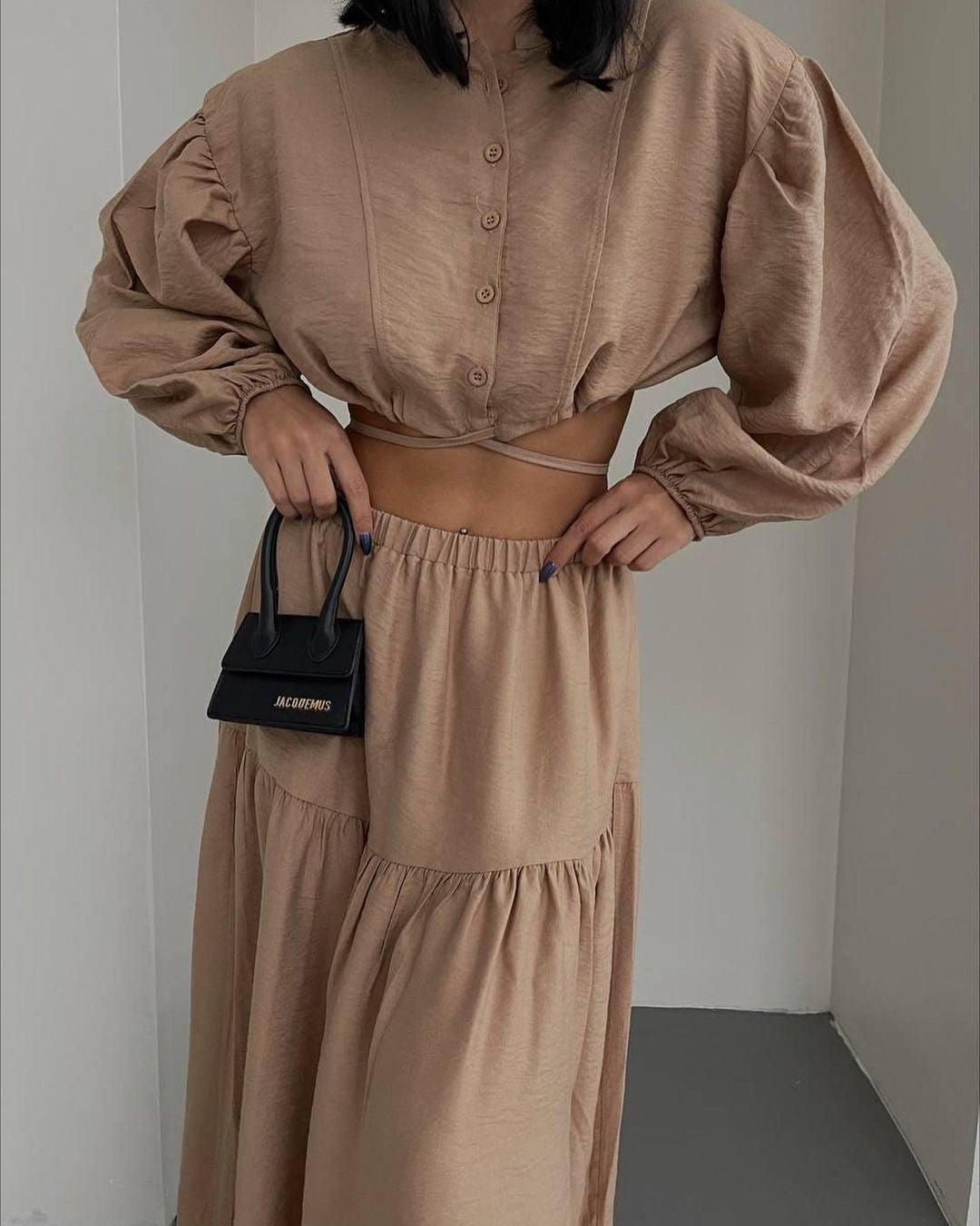 Damen Zweiteiliges Boho-Set mit Cropped-Bluse und Maxirock mit Schlitz Nord Taschen