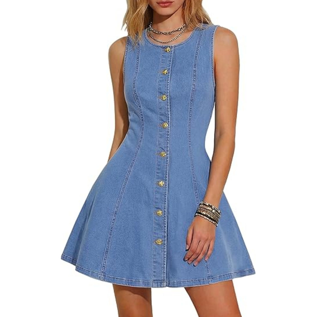 Damen Ärmelloses Jeanskleid mit taillierter A-Linie und durchgehender Knopfleiste Nord Taschen