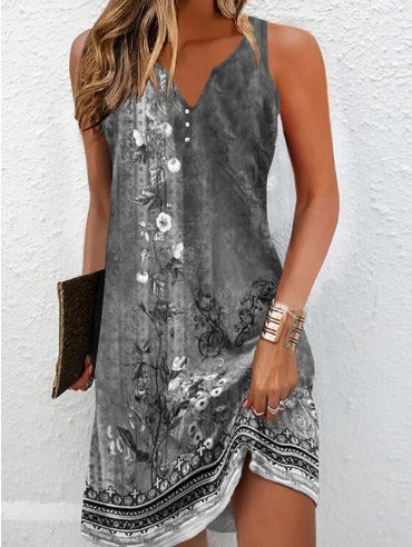 Damen, lässiges Sommerkleid mit V-Ausschnitt und asymmetrischem Saum