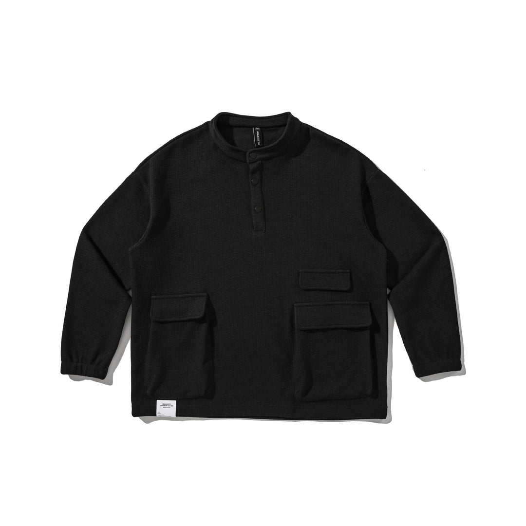 Herren Waffelstrick-Henley-Pullover mit Stehkragen, Druckknopfleiste und großen Utility-Taschen Nord Taschen