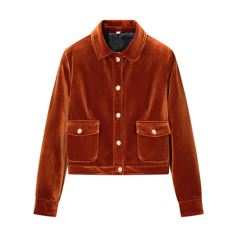 Damen Kurzjacke im Samt‑Look mit Hemdkragen, aufgesetzten Pattentaschen und goldfarbenen Zierknöpfen Nord Taschen