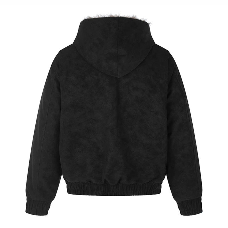 Damen Kapuzen-Bomberjacke aus Veloursimitat mit Kunstfell‑Futter und dekorativen Reliefknöpfen Nord Taschen