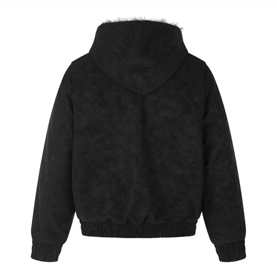 Damen Kapuzen-Bomberjacke aus Veloursimitat mit Kunstfell‑Futter und dekorativen Reliefknöpfen Nord Taschen