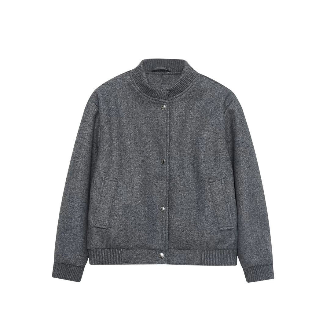 Damen Boxy Wollmix-Bomberjacke mit Rippkragen Druckknöpfen und Eingrifftaschen Nord Taschen