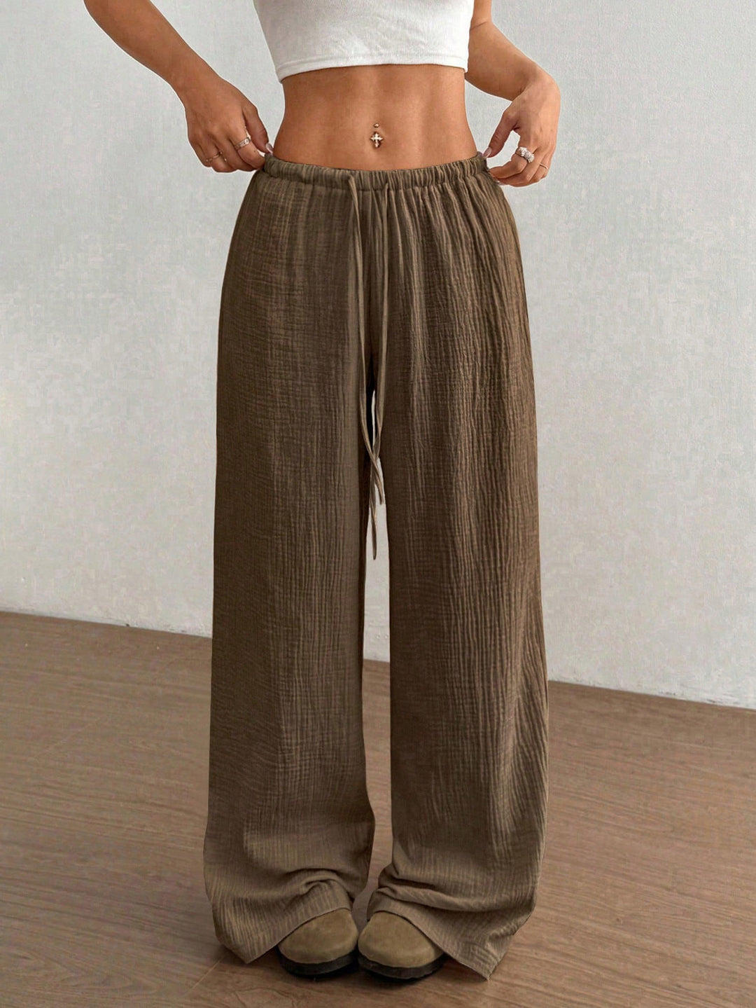 Damen Leichte Leinenoptik-Hose mit weitem Bein, Gummibund und Tunnelzug Nord Taschen