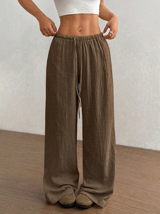 Damen Leichte Leinenoptik-Hose mit weitem Bein, Gummibund und Tunnelzug Nord Taschen