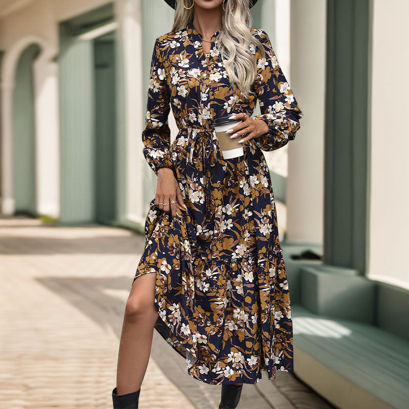 Damen Langärmeliges Midikleid mit Bindegürtel, Stufensaum und seitlichem Schlitz Nord Taschen
