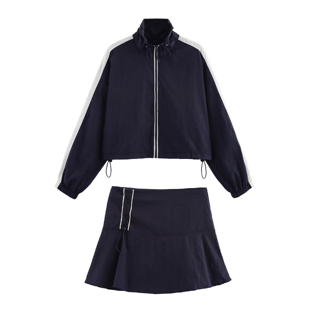Damen Cropped Windbreaker-Jacke mit hohem Kragen, Tunnelzug und Kontraststreifen Nord Taschen