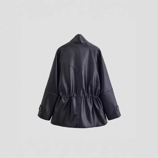 Damen Oversized Jacke in Lederoptik mit Stehkragen und Taillenkordel Nord Taschen