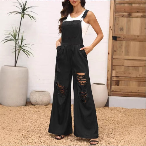 Damen weite Distressed-Latzhose mit verstellbaren Trägern und großen Knie-Rips Nord Taschen