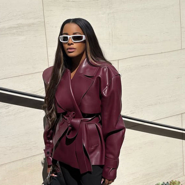 Damen Taillierter Lederimitat-Blouson mit Bindegürtel und voluminöser Schulterpartie Nord Taschen
