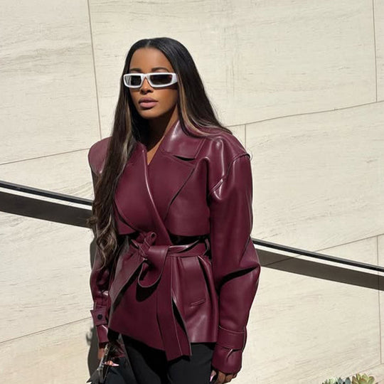 Damen Taillierter Lederimitat-Blouson mit Bindegürtel und voluminöser Schulterpartie Nord Taschen