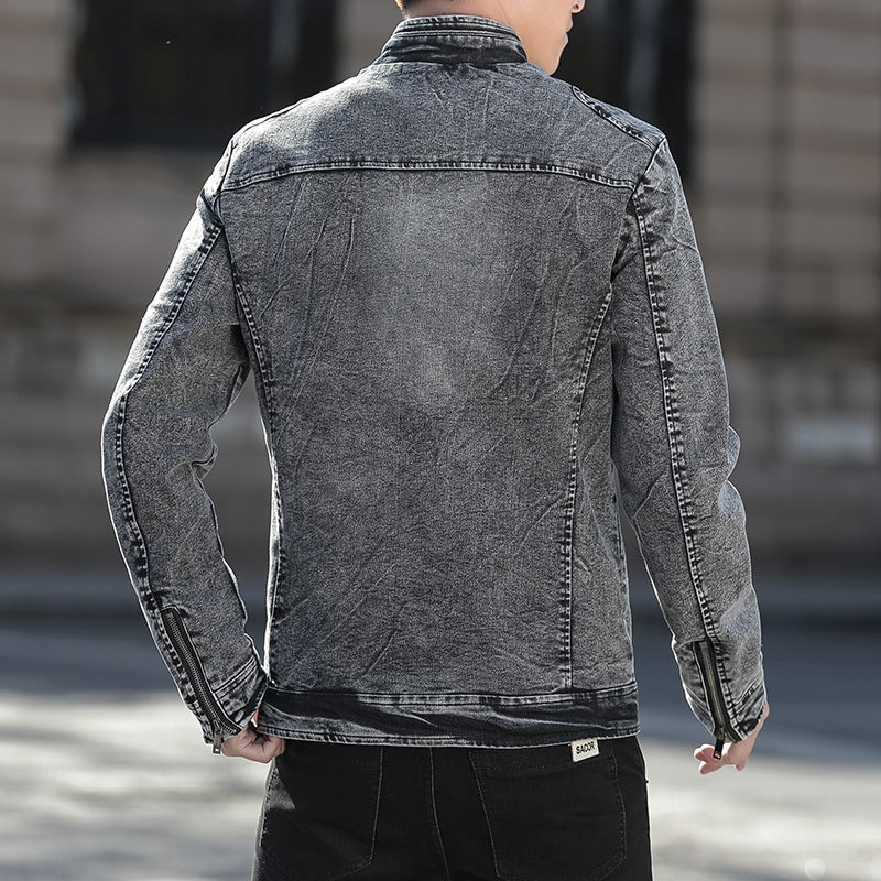 Herren Slim-Fit gewaschene Denim-Jacke mit Stehkragen und Reißverschluss Nord Taschen