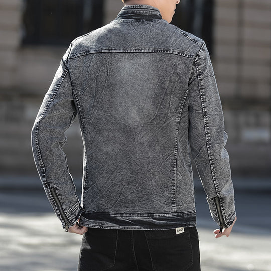 Herren Slim-Fit gewaschene Denim-Jacke mit Stehkragen und Reißverschluss Nord Taschen