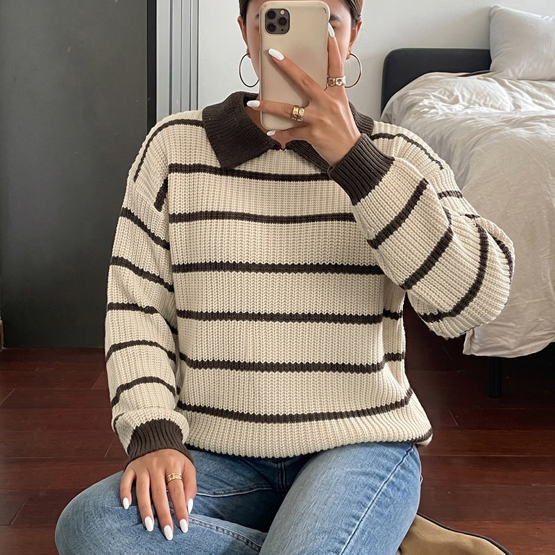 Damen Gestreifter Pullover mit Kragen Nord Taschen