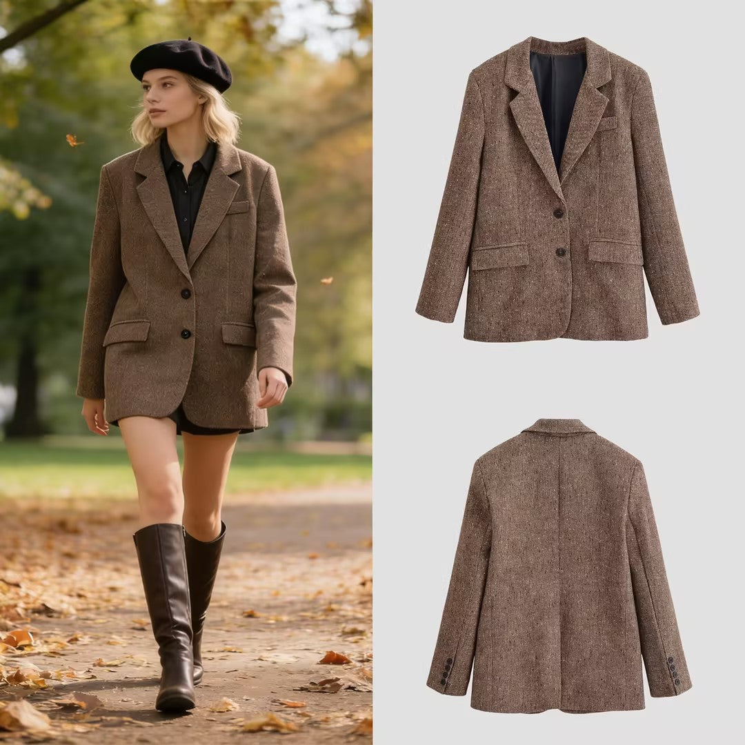 Damen Oversized Tweed-Blazer mit Fischgrätenstruktur, Pattentaschen und klassischem Revers Nord Taschen