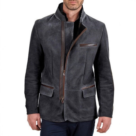Herren Veloursleder-Fieldjacke im Fliegerstil mit Stehkragen, asymmetrischem beidseitig öffnendem Reißverschluss und kontrastierenden Lederbesätzen Nord Taschen