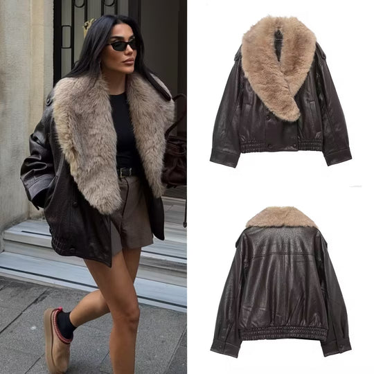 Damen Kurze Lederblousonjacke mit XXL-Fellkragen Nord Taschen
