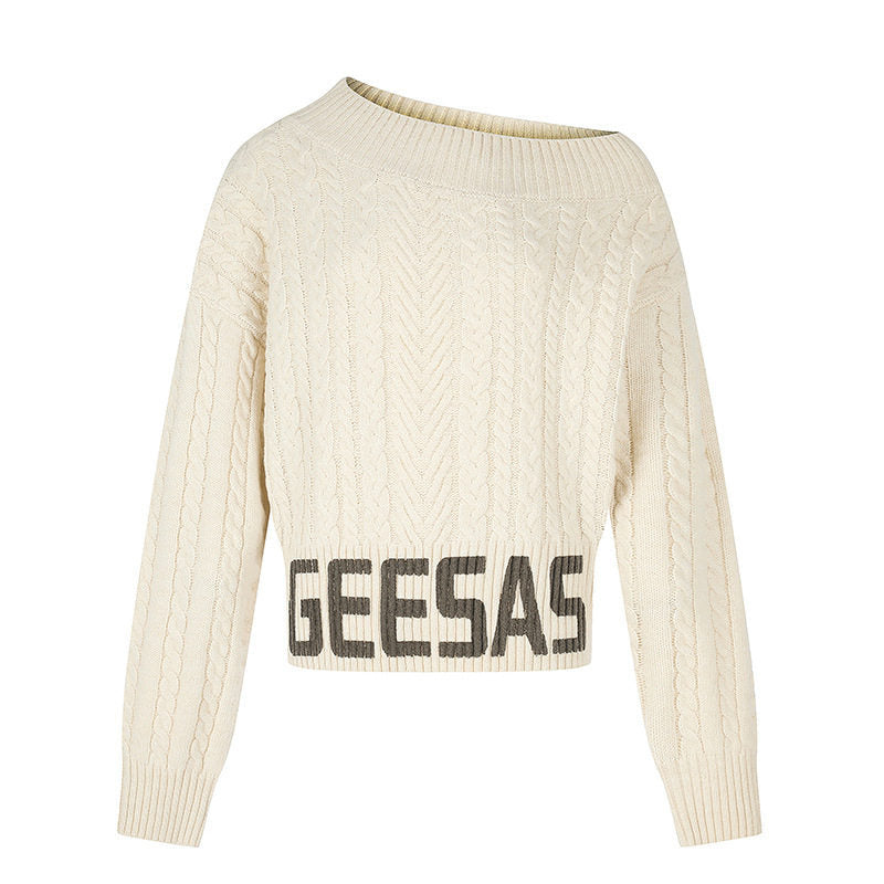 Damen Kurzer Zopfstrick-Pullover mit weitem Boat-Ausschnitt und markantem Logobund Nord Taschen