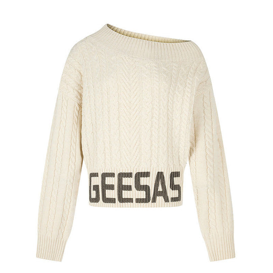 Damen Kurzer Zopfstrick-Pullover mit weitem Boat-Ausschnitt und markantem Logobund Nord Taschen