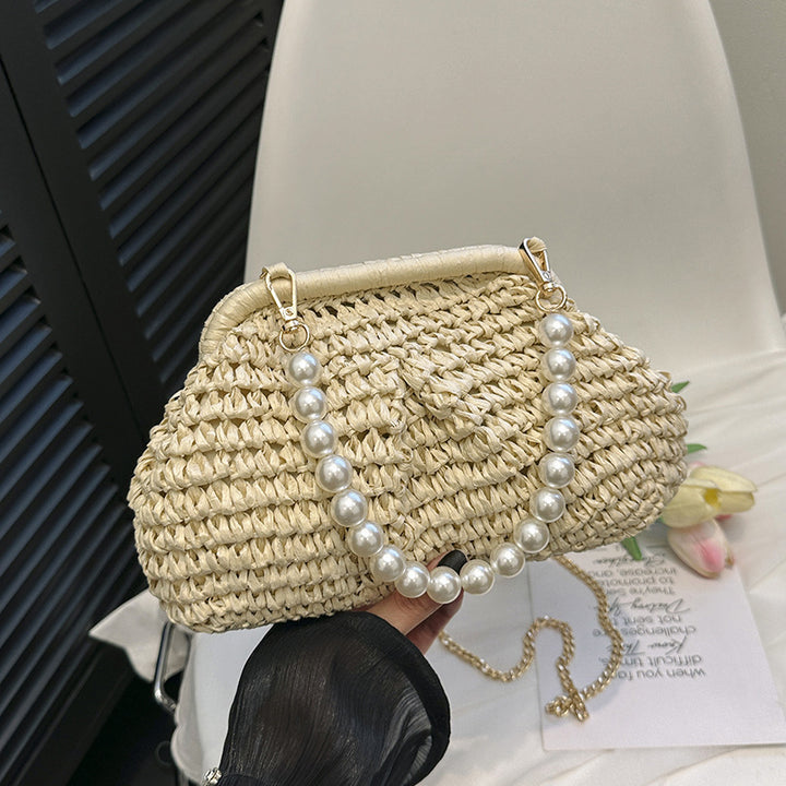 Damen handgefertigte Strohtasche mit dekorativem Perlenhenkel Nord Taschen