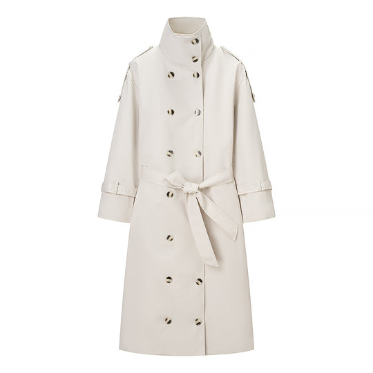 Damen Langer doppeltgereihter Trenchcoat mit hohem Stehkragen und Taillengürtel Nord Taschen