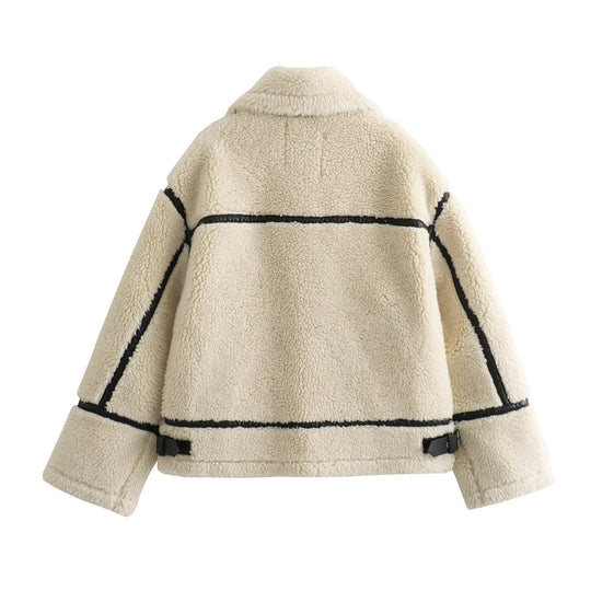 Damen Oversize-Teddyjacke im Aviator-Stil mit Kunstleder-Paspel, Stehkragen und Reißverschluss Nord Taschen