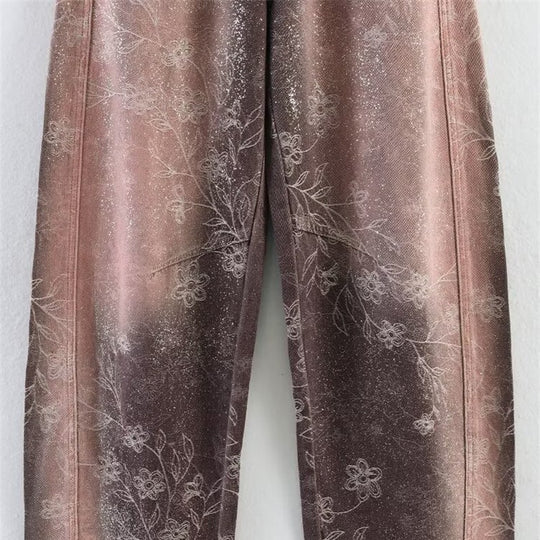 Damen High‑Waist-Jeanshose mit weitem Bein, floraler Vintage‑Print und Five‑Pocket-Schnitt Nord Taschen