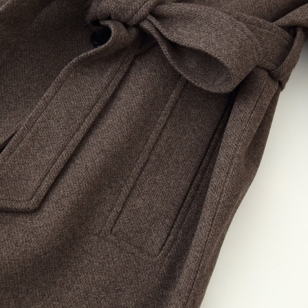 Damen Midilanger Wollmix-Mantel mit Stehkragen, asymmetrischer Knopfleiste und Taillengürtel Nord Taschen