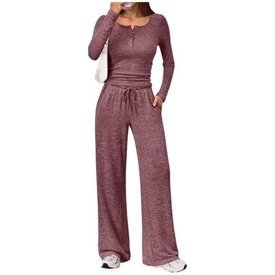 Damen Zweiteiliges Feinstrick-Lounge-Set mit Henley-Top und Palazzo-Hose Nord Taschen