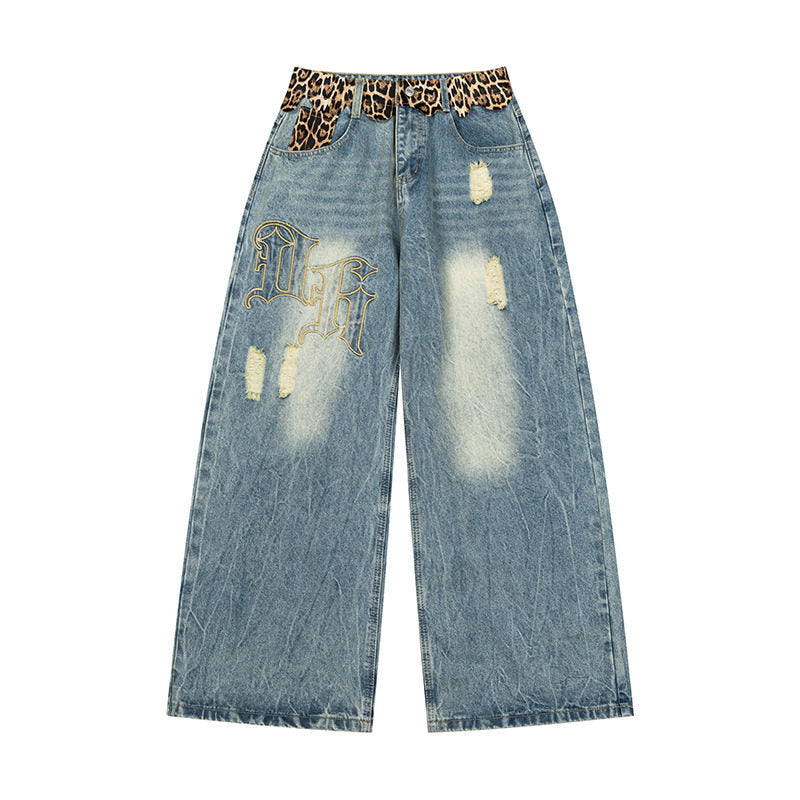 Damen weite Palazzo-Jeans mit destroyed-Details, Leopard-Bund und Gothic-Stickerei Nord Taschen