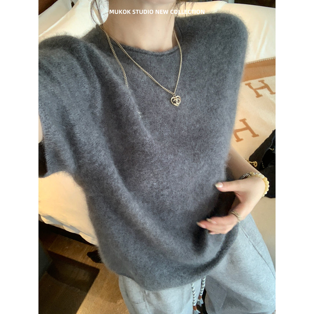 Damen Kurzarm Oversized Mohair-Feinstrickpullover Nord Taschen