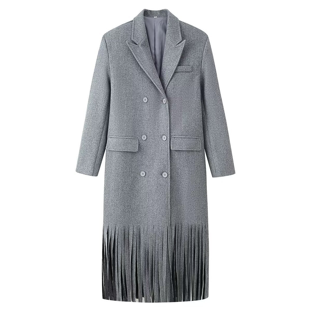 Damen Doppelreihiger Wollmix-Mantel mit Fransensaum und fallendem Revers Nord Taschen