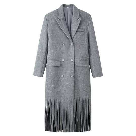 Damen Doppelreihiger Wollmix-Mantel mit Fransensaum und fallendem Revers Nord Taschen