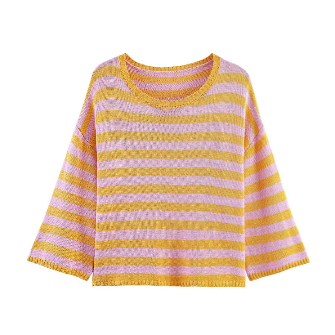 Damen Oversized Gestreifter Feinstrickpullover mit Rundhals und halblangen Ärmeln Nord Taschen