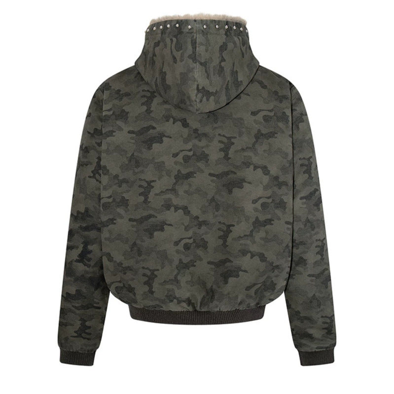 Damen gefütterte Camouflage-Bomberjacke mit Teddy-Innenfutter, Kapuze und Rippbündchen Nord Taschen