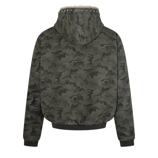 Damen gefütterte Camouflage-Bomberjacke mit Teddy-Innenfutter, Kapuze und Rippbündchen Nord Taschen