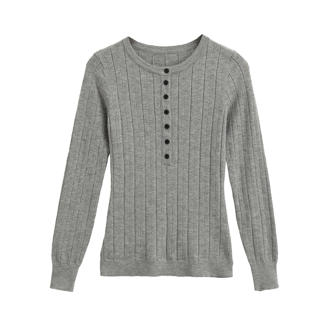 Damen Feinstrick-Longsleeve mit Knopfleiste und Strukturstrick Nord Taschen